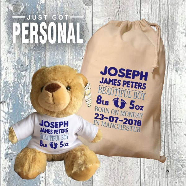 Personalised New Baby Teddy Bear With Matching Gift Bag - Baby Boy Design